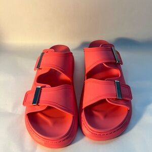 Alexander McQueen Coral and Silver Slide Sandals